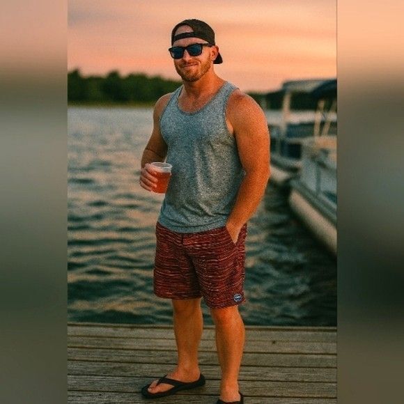 Hollister Men 34 Swim Trunks Board Shorts Red Stripe Drawstring Pocket Surfwear - Picture 1 of 8